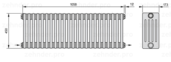 Схема (чертеж) Радиатор Zehnder Charleston 5045/23 №2670 Белый глянцевый RAL 9016